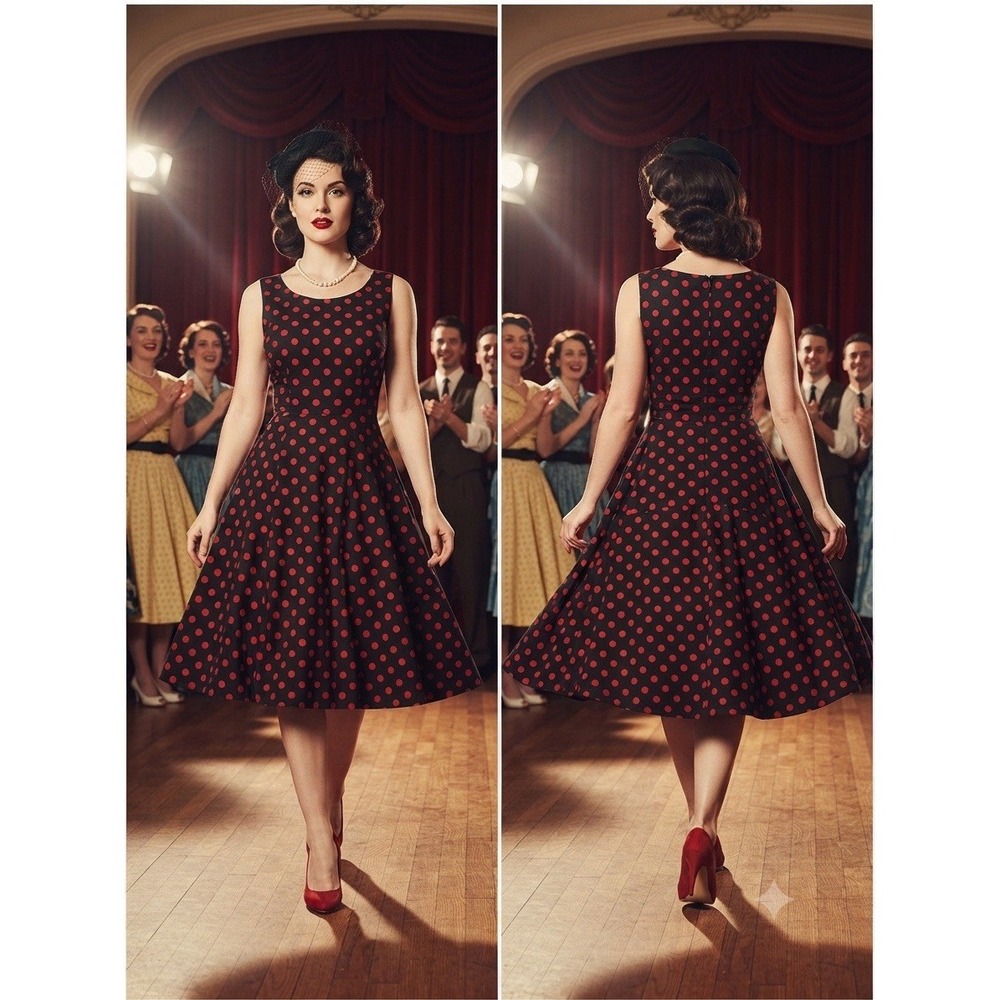 VTG Inspired Rockabilly Dress 50s Style Red Polka Dot Full Skirt Sleeveless XL